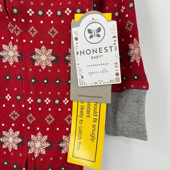 Honest Baby Pajama Size 18 Months Red Fair Isle Snowflake Organic Cotton Footed - Picture 2 of 8